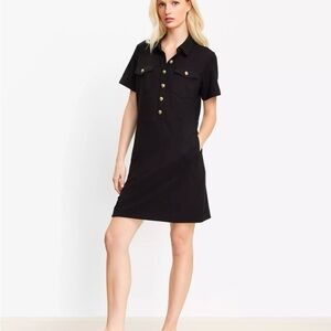 LOFT Black Short-Sleeve Shirt Dress with Gold Buttons